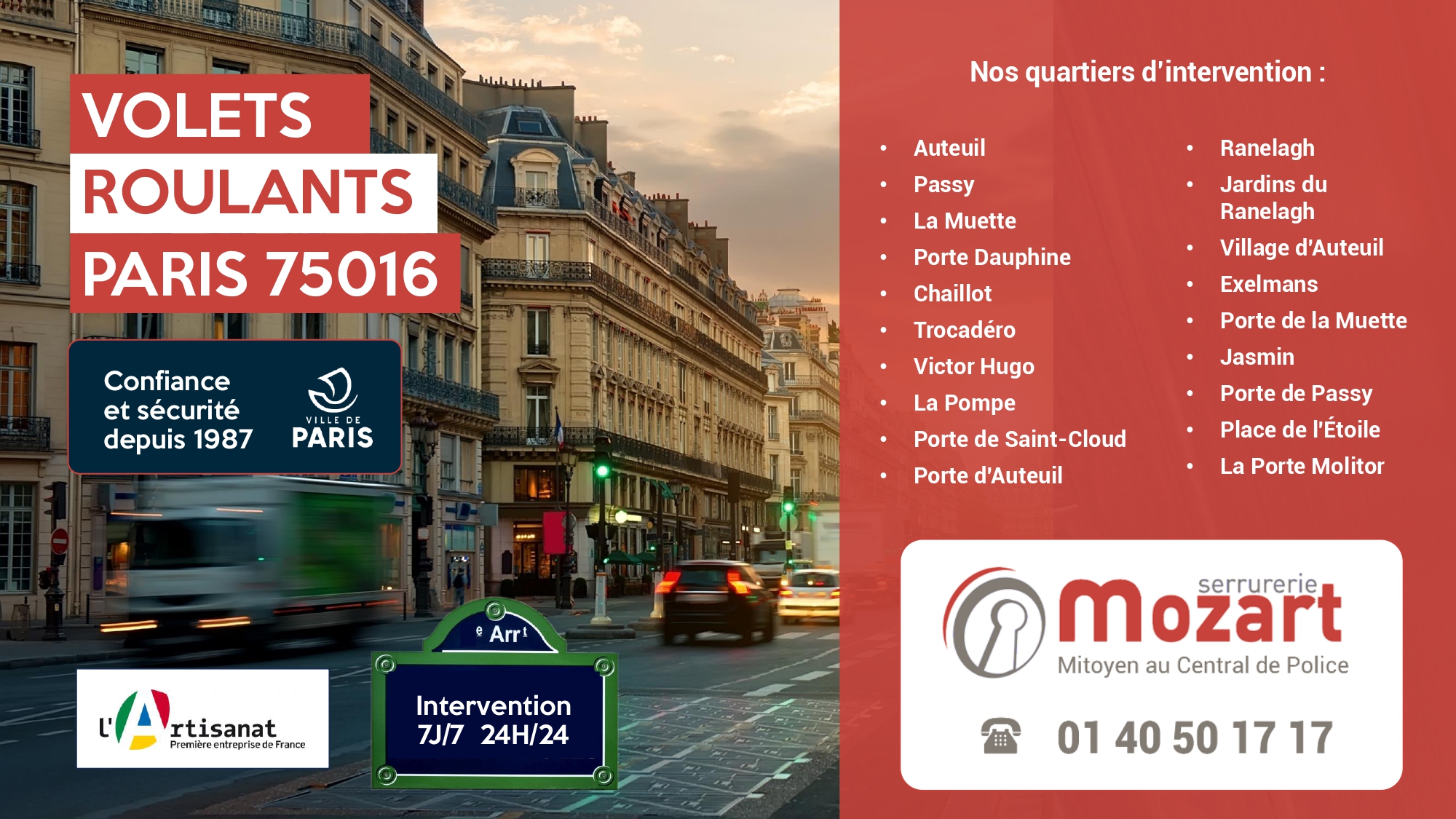 Service de dépannage volets roulants à Paris 16 - Serrurerie Mozart - Avenue Victor Hugo