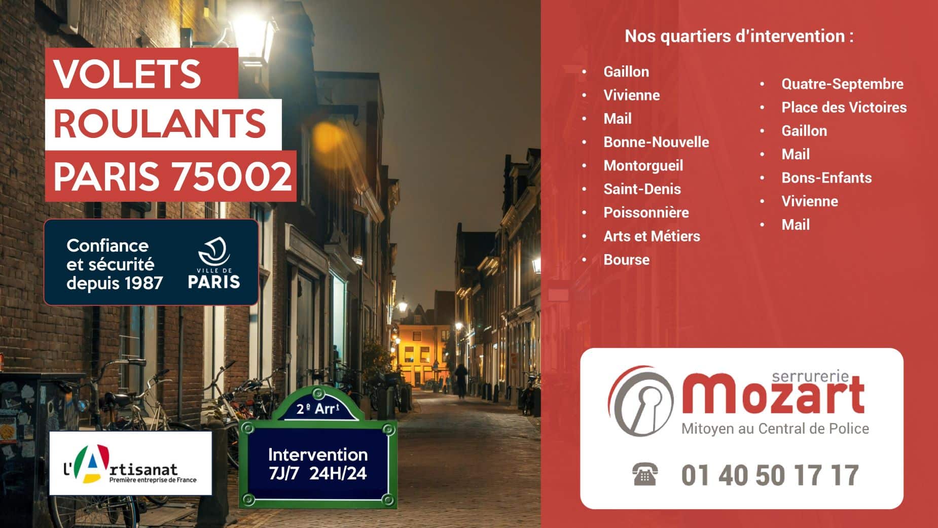 Intervention rapide de Serrurerie Mozart : Volets roulants au 2e arrondissement - Rue Tiquetonne
