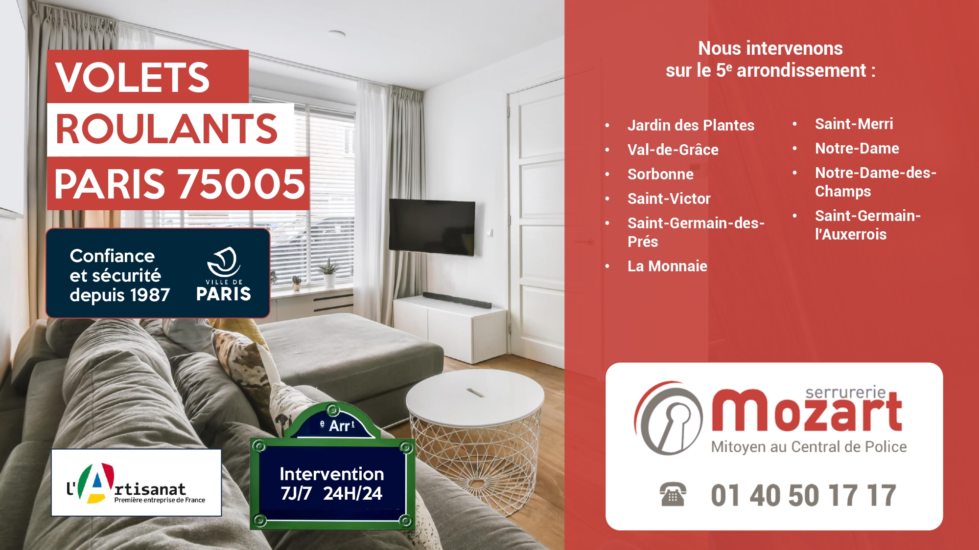 5ème arrondissement Paris - Serrurerie Mozart Volets Roulants - Rue Descartes - 01 40 50 17 17
