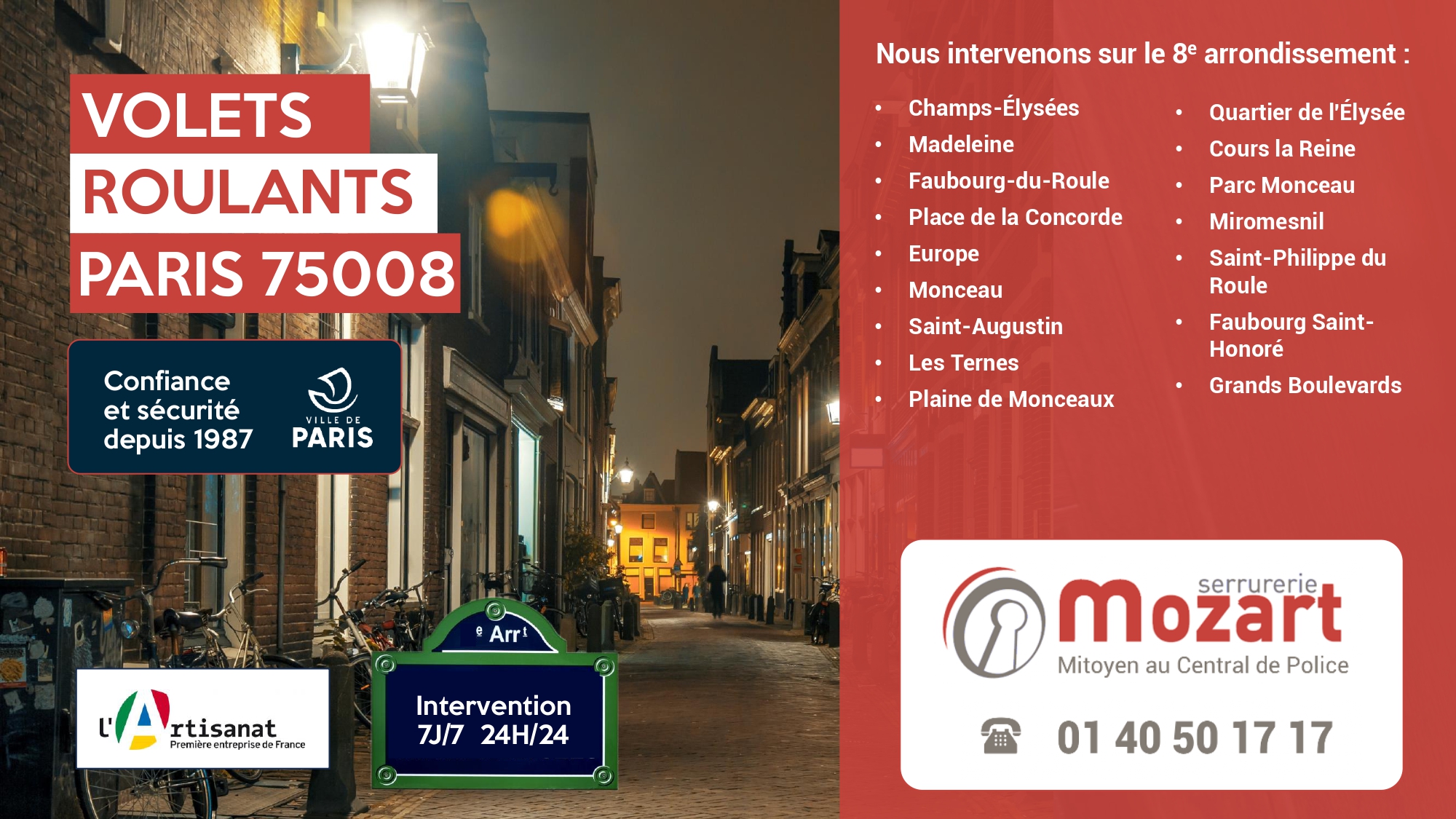 Volets Roulants Paris 8 - Serrurerie Mozart, 01 40 50 17 17, Rue du Faubourg Saint-Honoré